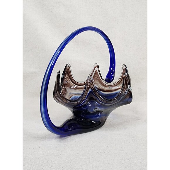 Vintage Sooner Ozark Art Glass Basket | Blue & Brown Swirl Hand-Blown | USA - Picture 4 of 15